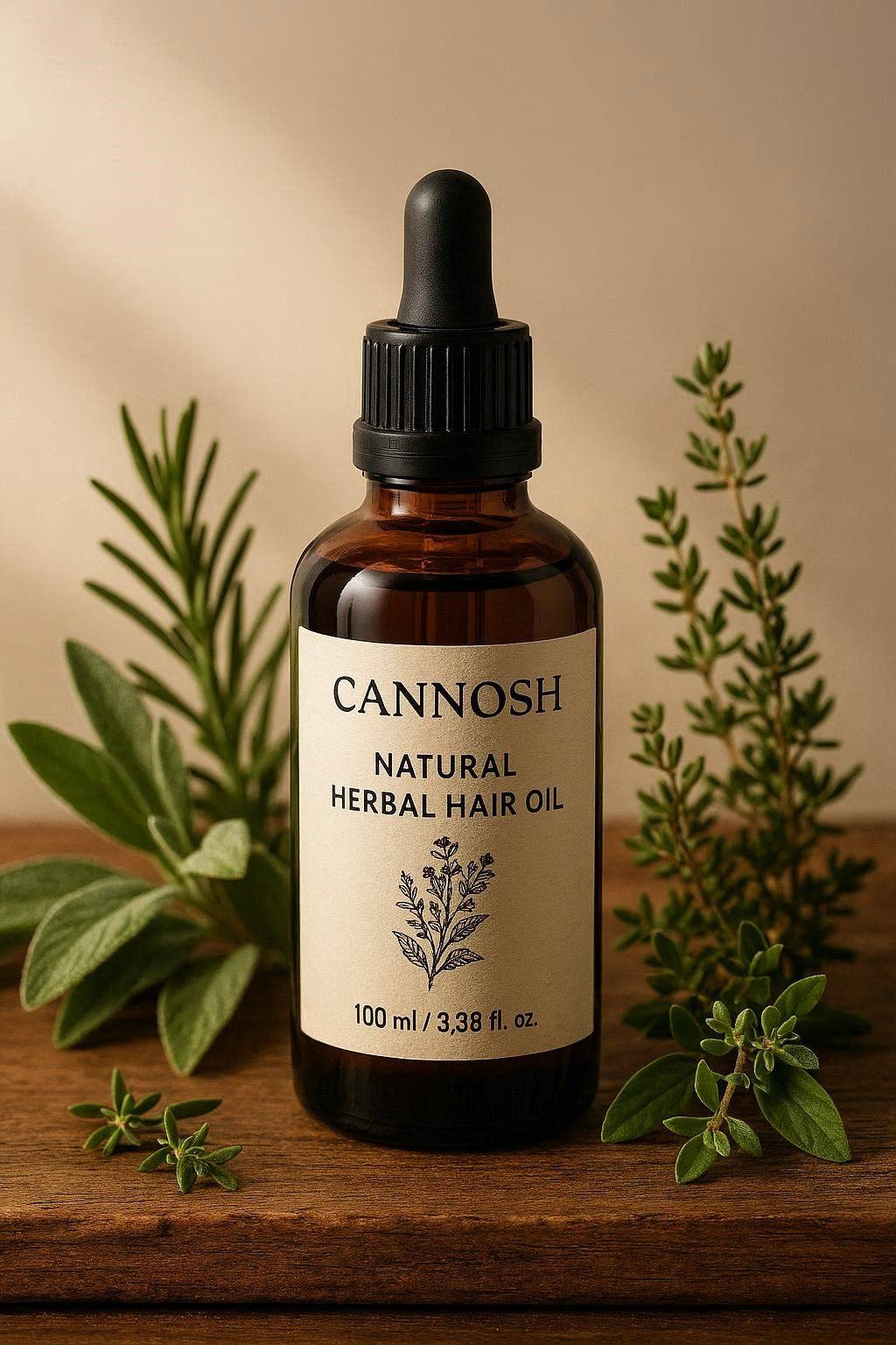 cannosh natural herbal hair oil bottle with herbs and green (1)